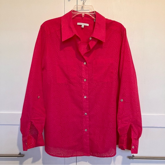 Foxcroft Collared Front Button Adjustable Sleeve Fuchsia Shirt, 14W - Picture 1 of 14